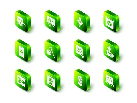 Set 3D printer software, scanner, Graphic designer, Isometric cube and icon Ilustração Stock