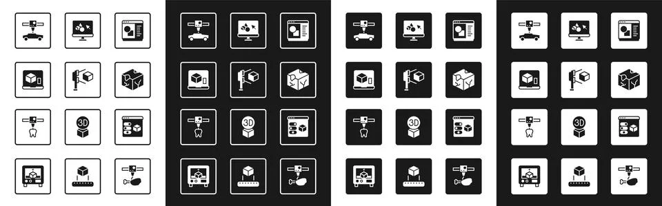Set 3D printer software, scanner with cube, car, Isometric, and tooth icon Ilustração Stock