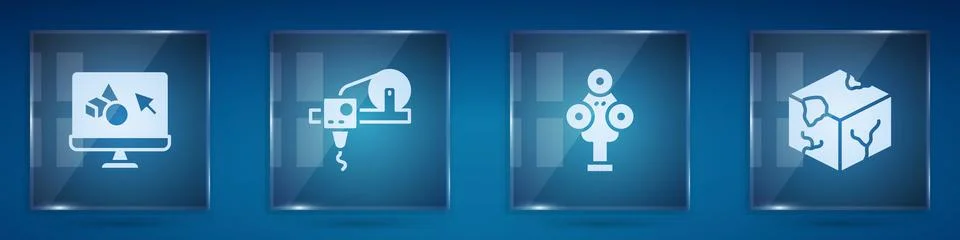 Set 3D printer software, , scanner and Isometric cube. Square glass panels Ilustração Stock