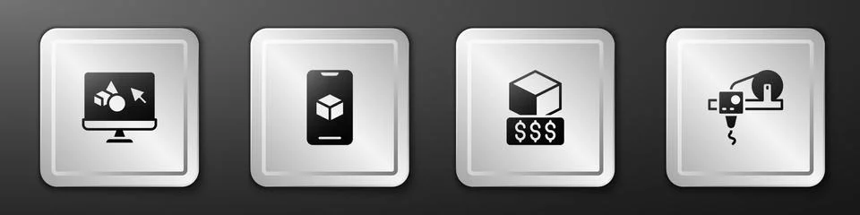 Set 3D printer software, , services and  icon. Silver square button. Vector Stock Illustration