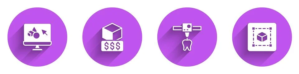 Set 3D printer software, services, tooth and Geometric figure Cube icon wit.. Stock Illustration