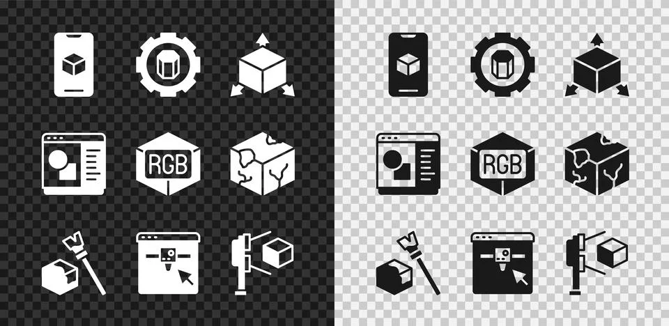 Set 3D printer software, setting, Isometric cube, scanner with, and RGB and CMYK Ilustração Stock