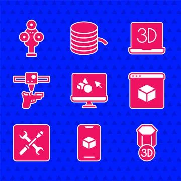Set 3D printer software, setting, gun, and scanner icon. Vector Ilustração Stock