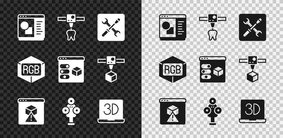 Set 3D printer software, tooth, setting, scanner, RGB and CMYK color mixing and Ilustração Stock