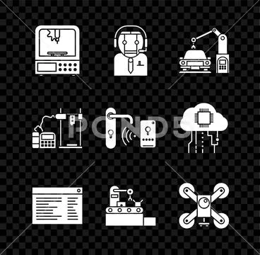 Set 3D printer, Software, web developer programming code, Factory conveyor .. 库存插图