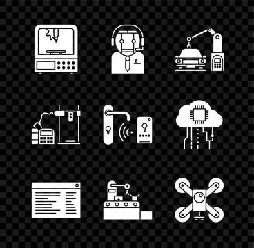 Set 3D printer, Software, web developer programming code, Factory conveyor .. Stock Illustration