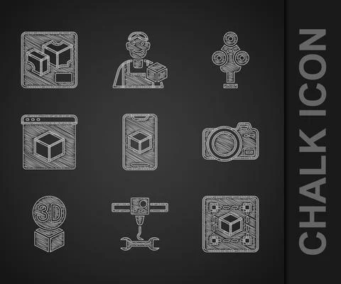 Set 3D printer software, wrench spanner, Geometric figure Cube, Photo camera Ilustração Stock