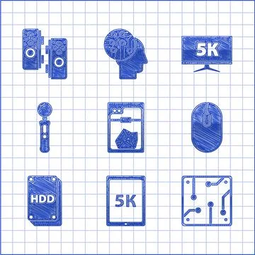 Set 3D printer, Tablet with text 5k, Processor, Computer mouse, Hard disk drive イラスト素材