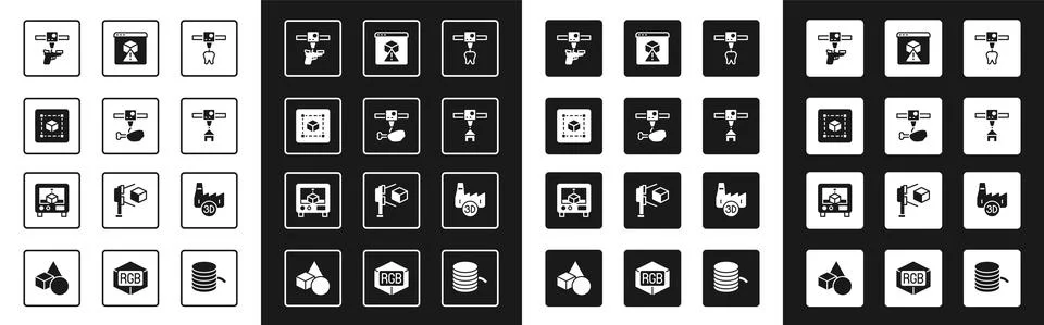 Set 3D printer tooth, chicken leg, Geometric figure Cube, gun, house, Printing Stock Illustration