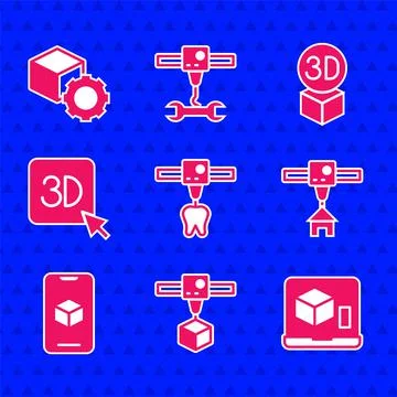 Set 3D printer tooth, cube, house, software, Isometric and icon. Vector Stock Illustration