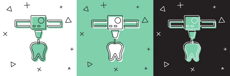 Set 3D printer tooth icon isolated on white and green, black background. 3d Stock Illustration