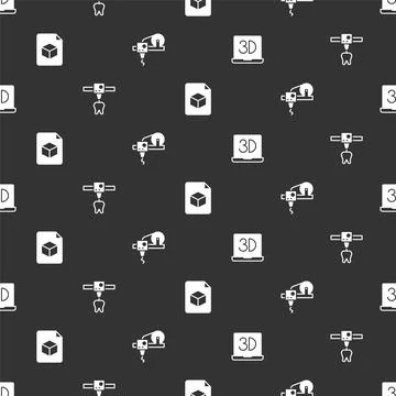 Set 3D printer, tooth, Isometric cube file and on seamless pattern. Vector Stock Illustration