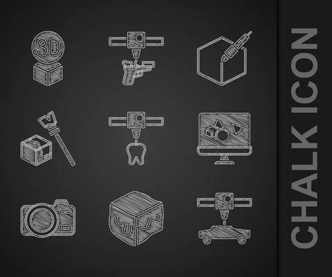 Set 3D printer tooth, Isometric cube, car, software, Photo camera, 3d pen tool Ilustração Stock