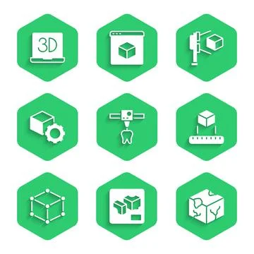 Set 3D printer tooth, Isometric cube, scanner with and icon. Vector Stock Illustration