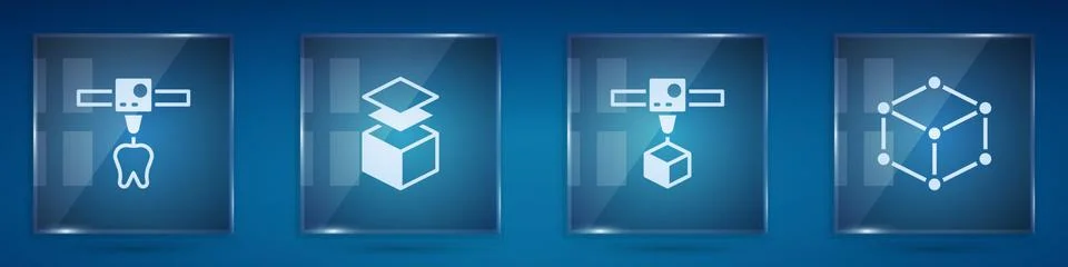 Set 3D printer tooth, Layers, cube and Isometric. Square glass panels. Vector Stock Illustration