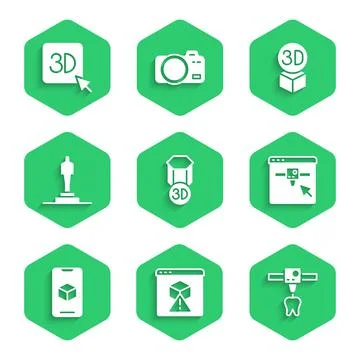 Set 3D printer, tooth, setting, software, model, Isometric cube and  icon. Ve Ilustração Stock