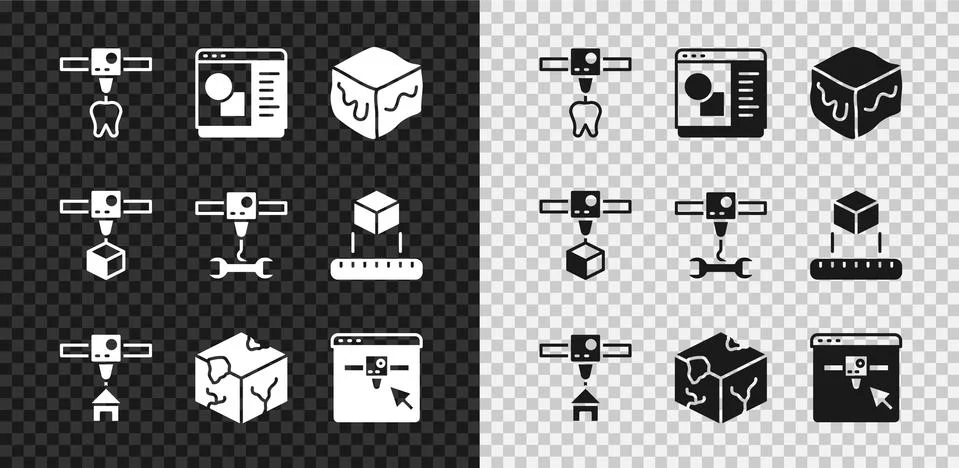 Set 3D printer tooth, software, Isometric cube, house, setting, and wrench Ilustração Stock