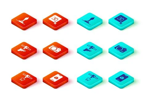 Set 3D printer tooth, software, gun, Photo camera, and model icon. Vector Stock Illustration