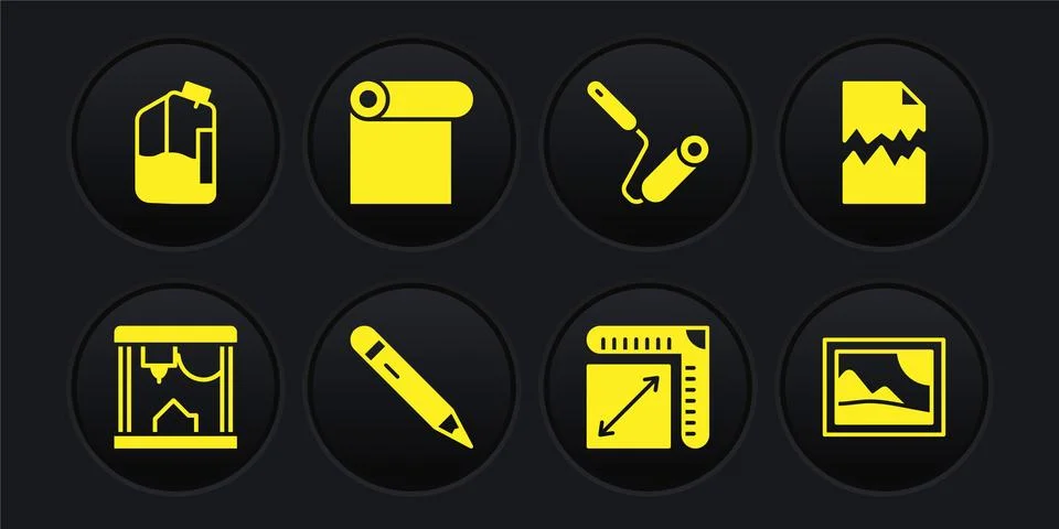 Set 3D printer, Torn document, Pencil with eraser, Paper size, Paint roller Stock Illustration