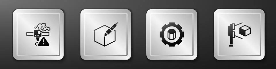 Set 3D printer warning, 3d pen tool, setting and scanner with cube icon. Silver Illustrazione stock