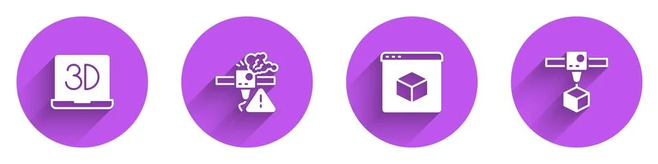 Set 3D printer, warning, and cube icon with long shadow. Vector 스톡 일러스트