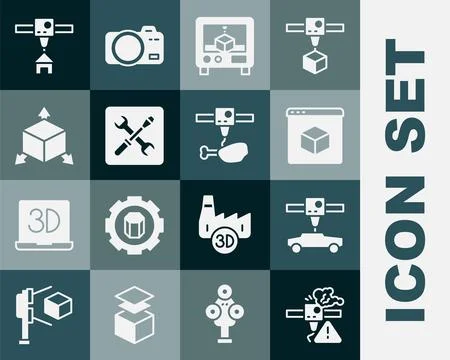 Set 3D printer warning, car, setting, Isometric cube, house and chicken leg icon Stock Illustration