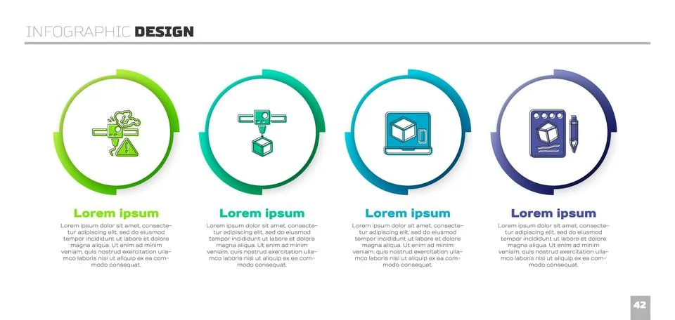 Set 3D printer warning, cube, and Sketch on paper. Business infographic template Illustrazione stock