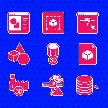 Set 3D printer, warning, Filament for, Isometric cube file, Printing house Illustrazione stock