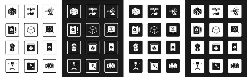 Set 3D printer warning, Isometric cube, Sketch on paper, chicken leg, software Ilustração Stock