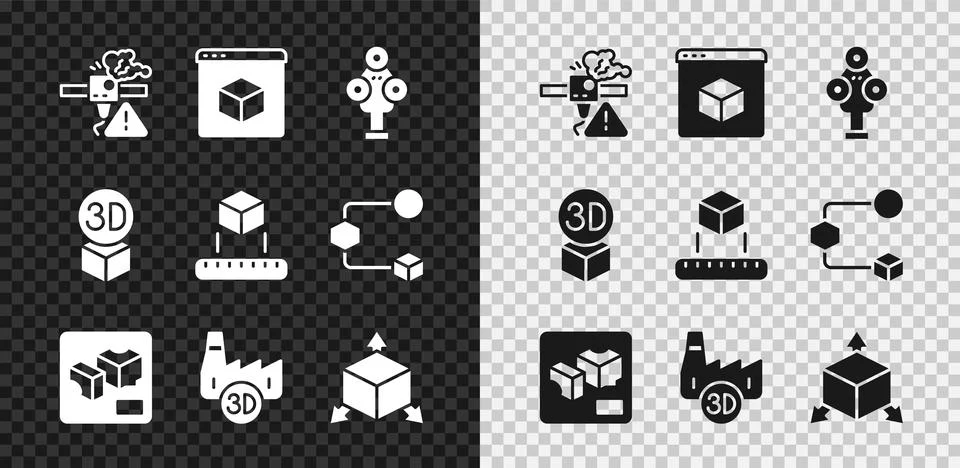 Set 3D printer warning, scanner, Printing house industry, Isometric cube, and Illustrazione stock