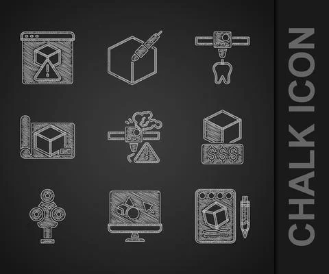 Set 3D printer warning, software, Sketch on paper, services, scanner, Graphing Stock Illustration
