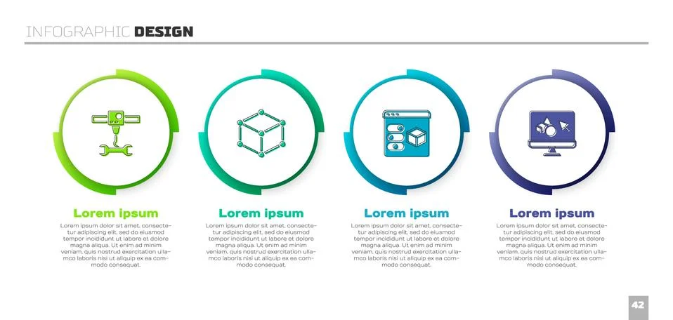Set 3D printer wrench spanner, Isometric cube, and software. Business Ilustração Stock