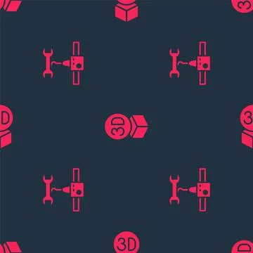 Set 3D printer wrench spanner and Isometric cube on seamless pattern. Vector 스톡 일러스트