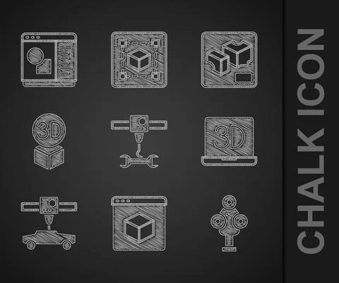 Set 3D printer wrench spanner, scanner, car, Isometric cube, and software icon Ilustração Stock