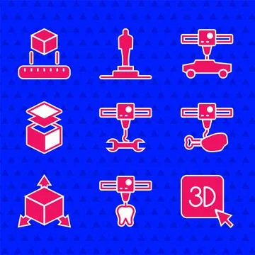 Set 3D printer wrench spanner, tooth, chicken leg, Isometric cube, Layers, car Stock Illustration