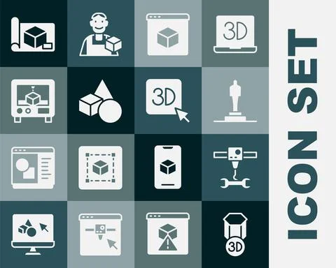 Set 3D printer, wrench spanner, model, Basic geometric shapes, Graphing paper Illustrazione stock