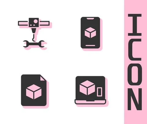 Set 3D printer, wrench spanner, Isometric cube file and software icon. Vector Ilustração Stock