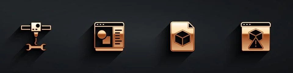 Set 3D printer wrench spanner, software, Isometric cube file and icon with long Ilustração Stock