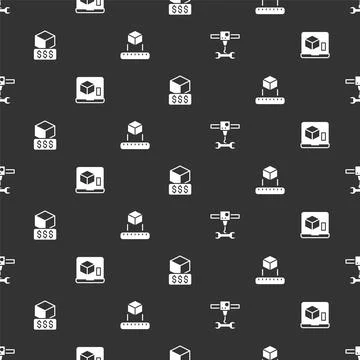 Set 3D printer wrench spanner, , services and Isometric cube on seamless pattern Illustrazione stock