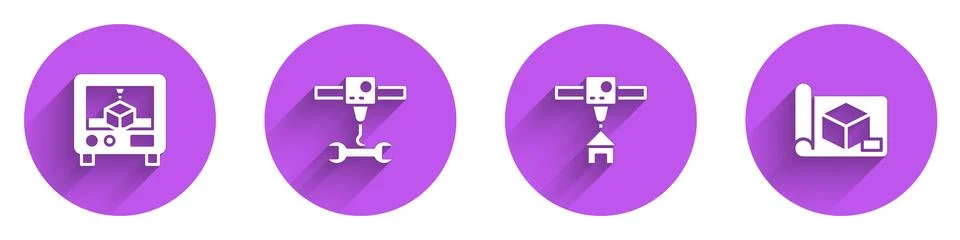 Set 3D printer, wrench spanner, house and Graphing paper for engineering icon 스톡 일러스트