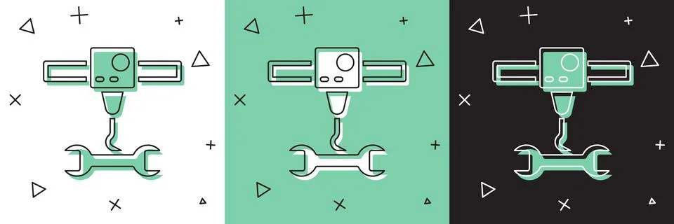 Set 3D printer wrench spanner icon isolated on white and green, black backgro Stock Illustration
