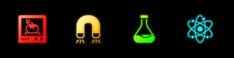 Set 3D printing technology, Magnet, Test tube and flask and Atom icon. Vector 스톡 일러스트