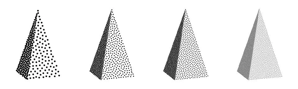 Set of 3D pyramids in halftone dotwork style. Vector illustration Stockillustratie