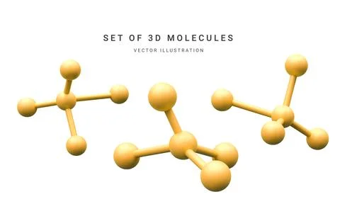 Set of 3d realistic abstract gold molecules isolated on white background. Vec Stock-Illustration