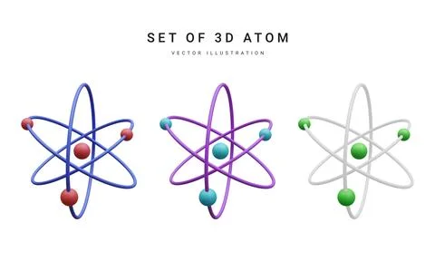 Set of 3d realistic atom with orbital electrons isolated on white background. Stock-Illustration
