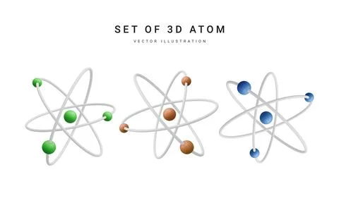 Set of 3d realistic atom with orbital electrons isolated on white background. Illustrazione stock