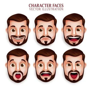 Set of 3D Realistic Beard Man Head with Different Facial Expression Stock Illustration