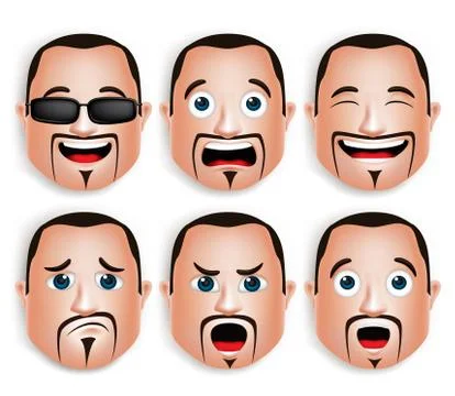 Set of 3D Realistic Big Fat Man Head with Different Facial Expressions Stock Illustration
