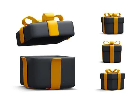 Set of 3d realistic black gift boxes with gold ribbon isolated on white backg Illustrazione stock