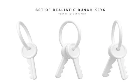 Set of 3d realistic bunch of keys isolated in withe background. Vector illust Illustrazione stock